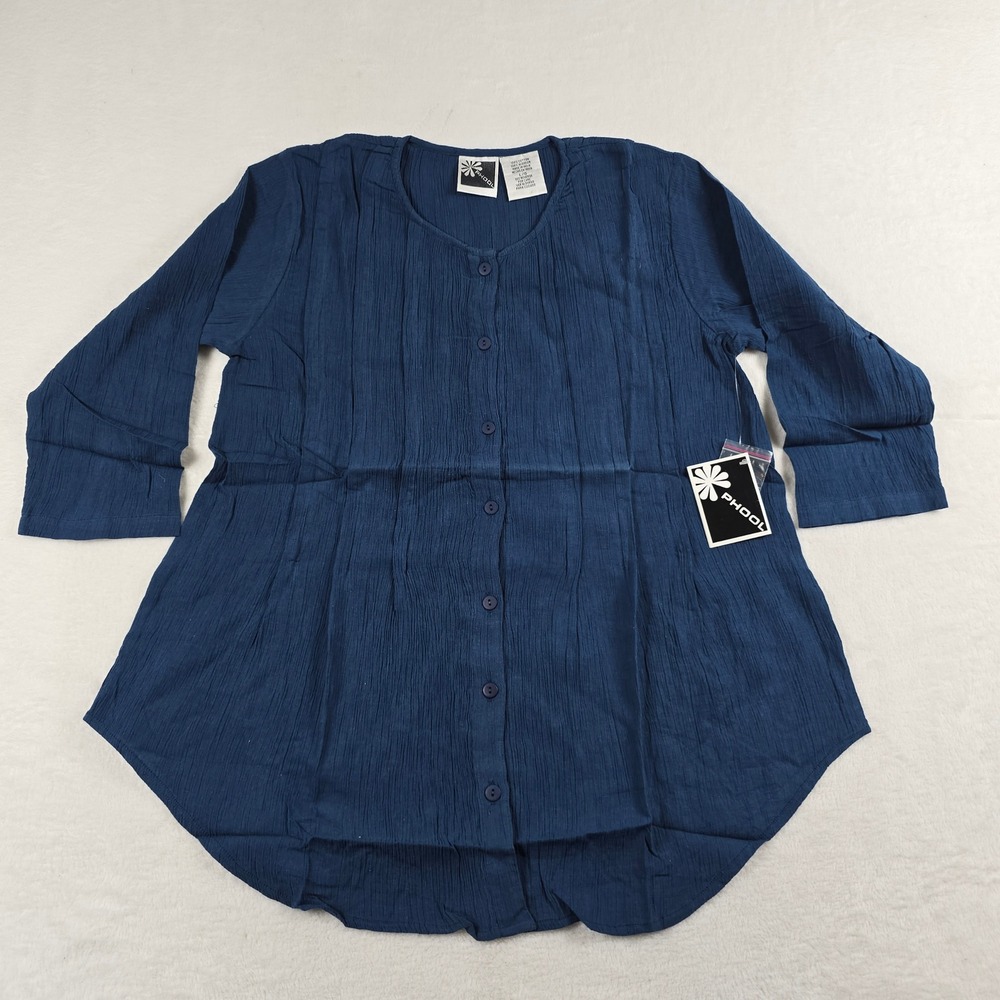 Phool Women Blue Cotton Crinkle Gauze Button Front Tunic Top Large NWT New